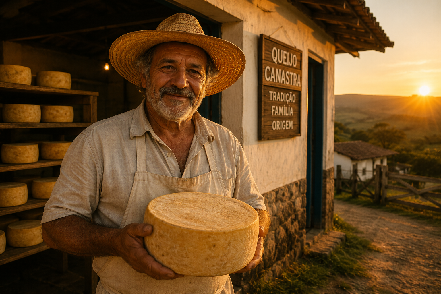 Produtor rural da Serra da Canastra segurando queijo artesanal